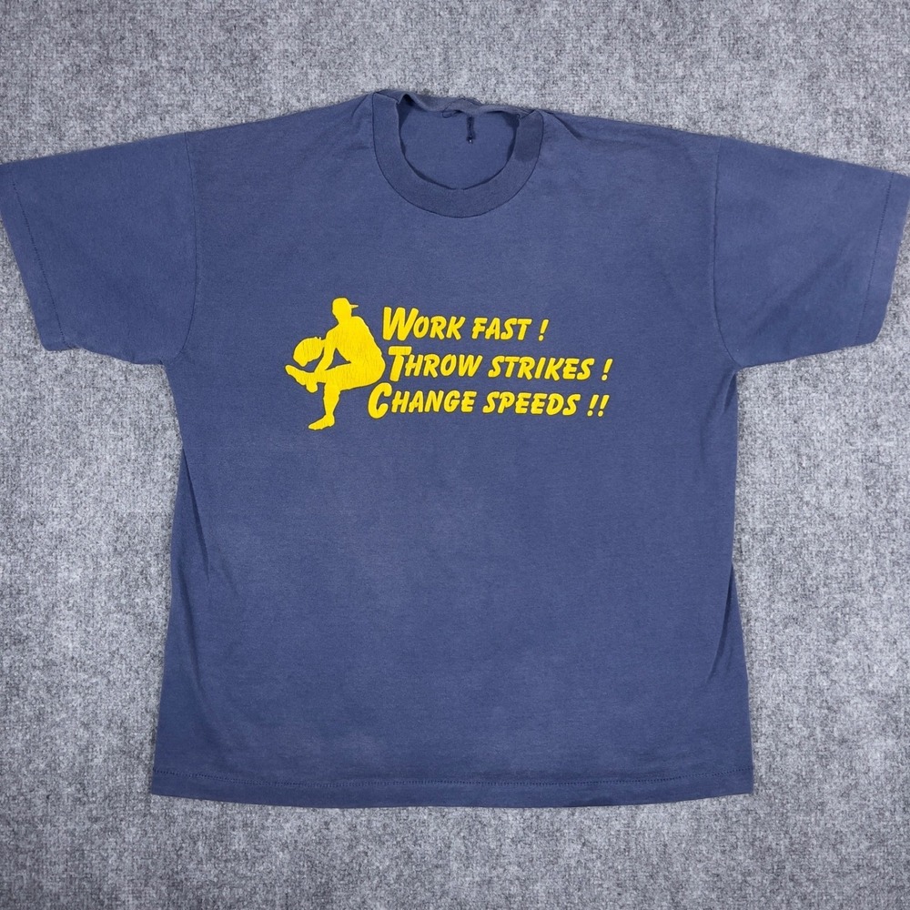 Work Fast Throw Strikes Vintage Baseball Graphic Tee Mens XL Blue